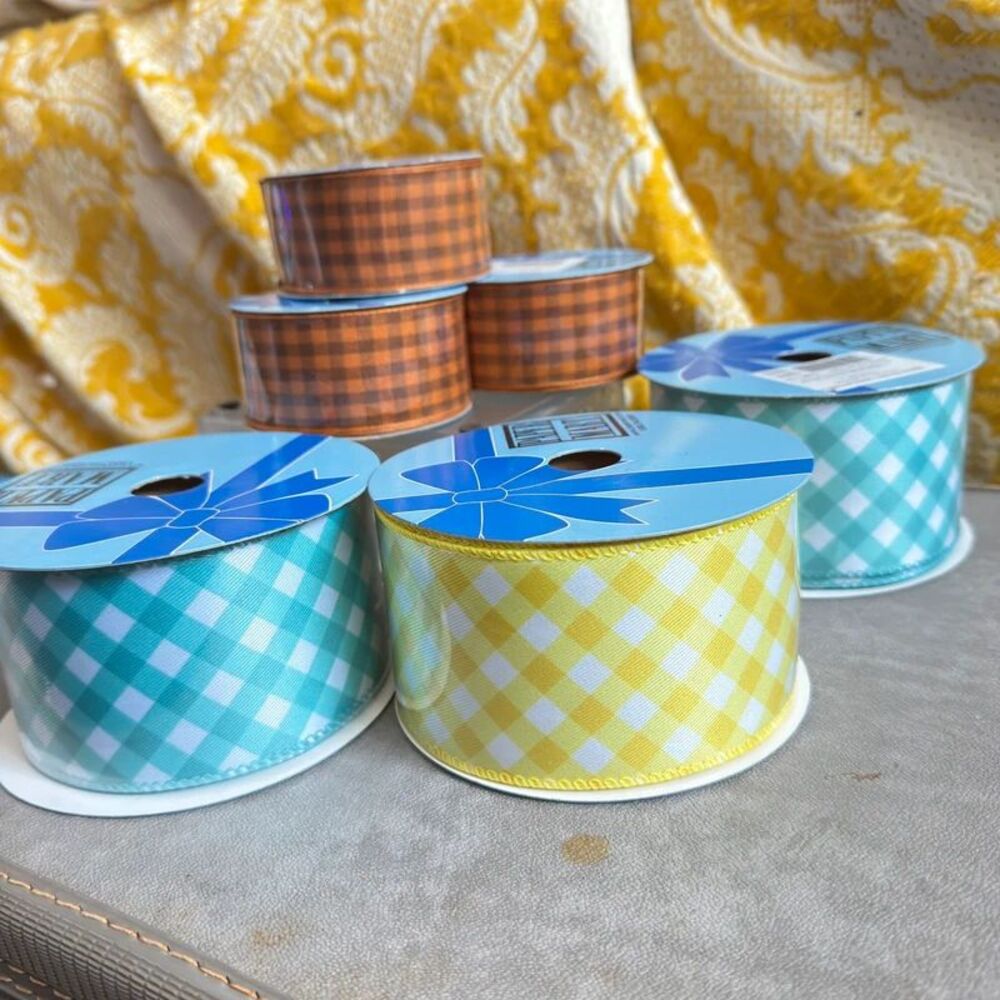 7 Rolls of Gingham Ribbon Yellow, Orange & Blue 80 Yards
